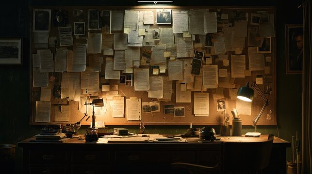 detective mood board filled with evidence photos notes newspaper clippings interconnected strings lit by warm desk lamps in dark investigative office room mystery case study atmosphere background