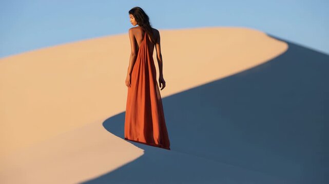 Woman in flowing orange dress on sand dune at sunset for fashion background banner and minimalist wallpaper design