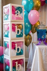 Naklejka premium Baby shower decor features stacked letter blocks spelling baby filled with balloons. Teal pink gold balloons float. Drink dispenser on table adds festivity. Celebration party setup.