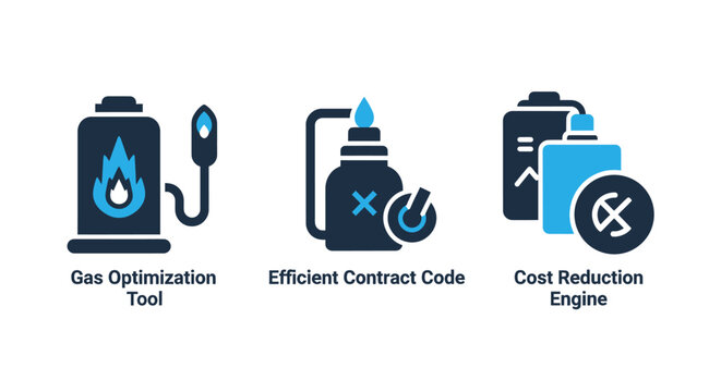 Technical business icons representing gas optimization efficient contract code and cost reduction optimization contract reduction efficiency software development technology business analysis