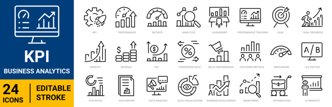 KPI business analytics icon set. Featuring performance metrics, analytics, dashboards, goals, growth, revenue, customer metrics, benchmarking, data analysis. Editable Stroke.