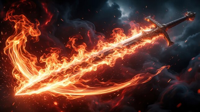 Fiery sword slashes through dark sky leaving trails of light and sparks. Steel blade ignites with intense orange flames, showing power and motion for epic fantasy scenes.
