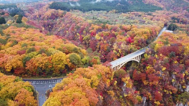 宮城県 鳴子峡の紅葉風景と大深沢橋 空撮ドローン映像
Aerial Shot of Autumn Colors at Naruko Gorge, Miyagi Japan