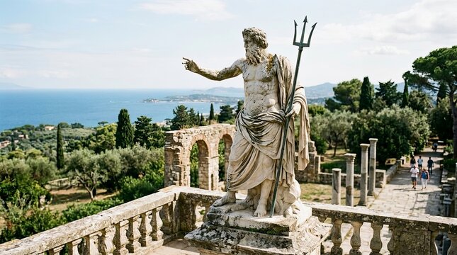 Neptune statue overlooking the sea in Italy
