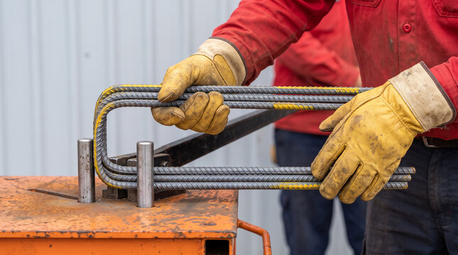 Worker bending steel rebar with manual bar bender tool wearing yellow gloves at construction site