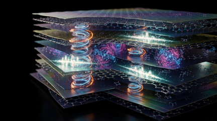 Obraz premium Layered 2D heterostructure with spin textures, trapped polaritons, and magnetic vortices in nanothin sheets