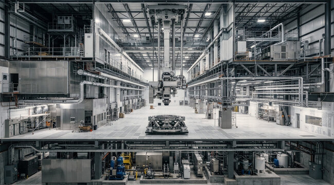 Unfinished semiconductor fab interior with wafer stage, lithography gantry, cleanroom modules, and coolant lines in a delayed chip plant.
