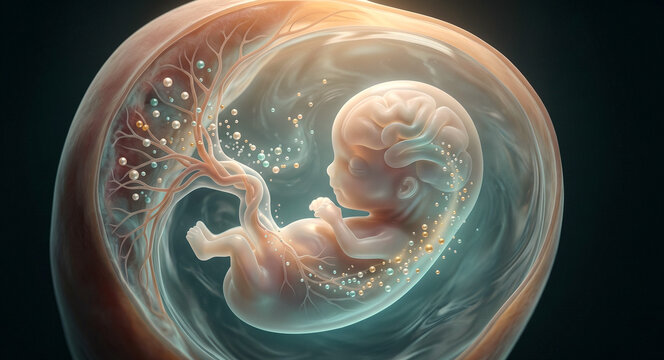 Early pregnancy cutaway with translucent embryo, hormone molecules, developing brain, placental vessels, and amniotic fluid.