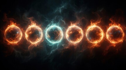Fototapeta premium Six glowing energy orbs float in dark space. Fiery orange flames, blue cosmic smoke form mystical spheres. Ethereal light particles create magic spell effect. Abstract digital art shows vibrant