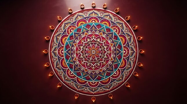 Intricate circular rangoli with vibrant red, blue, and gold patterns surrounded by a ring of glowing clay oil lamps on a dark background