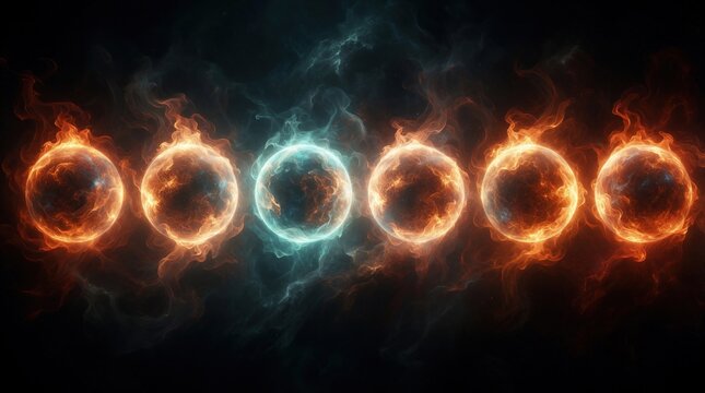 Six glowing energy orbs float in dark space. Fiery orange flames, blue cosmic smoke form mystical spheres. Ethereal light particles create magic spell effect. Abstract digital art shows vibrant