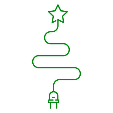 Logo energ&iacute;a el&eacute;ctrica. Icono con dibujo sencillo con una l&iacute;nea &uacute;nica de un enchufe el&eacute;ctrico con cable como &aacute;rbol de navidad con estrella, en color verde, para su uso en tarjetas y felicitaciones