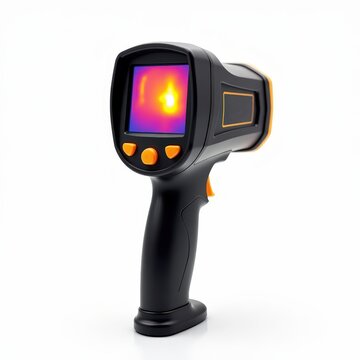 Thermal imaging camera for fire inspections isolated on white background, infrared temperature detector, handheld inspection device