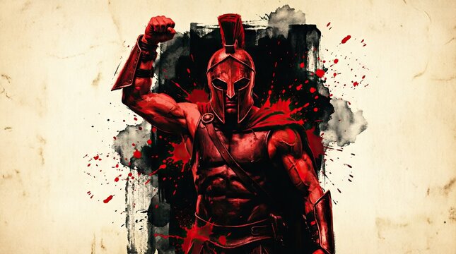 Red armored superhero figure raising fist