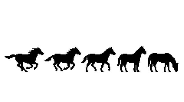 Set of pixel art horse silhouettes in various stages of movement from running to grazing isolated on white background, illustrating retro video game design, representing equestrian character animation