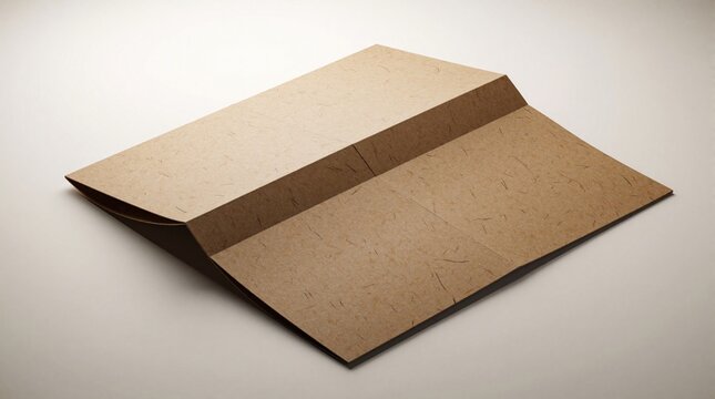 Minimalist kraft paper brochure with natural fiber texture sits on plain white surface. Soft shadows define crisp folds and edges for clean presentation.