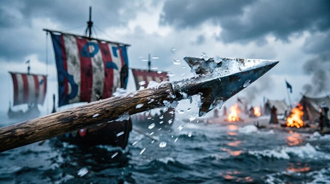 Viking longships sailing through stormy sea battle