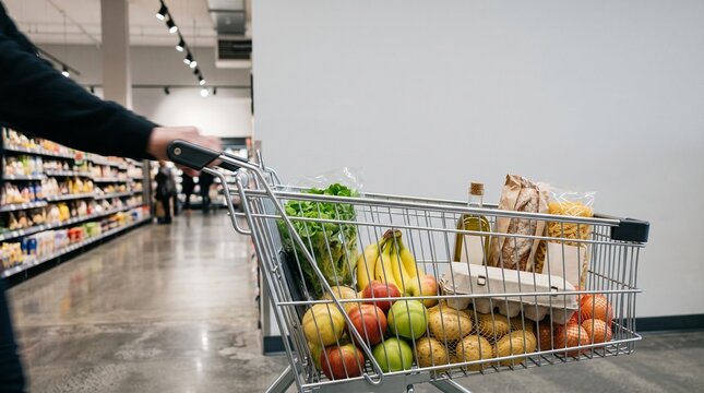 Person pushing a full grocery cart filled with fresh produce and pantry staples down a supermarket aisle