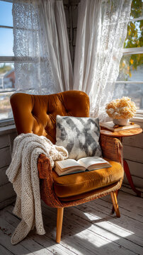 A cozy, sunlit reading nook with a plush velvet chair and an open book invites relaxation and escape into the world of literature