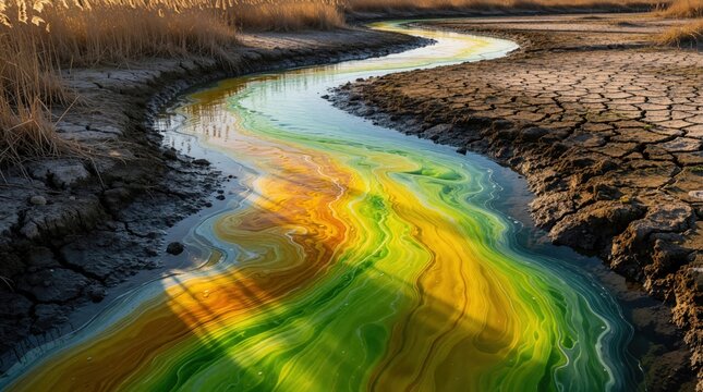 Muddy river with bright yellow and green swirls. Cracked dry earth borders the polluted water. Dead reeds stand on bank. Scenic nature landscape reflects environmental issues.