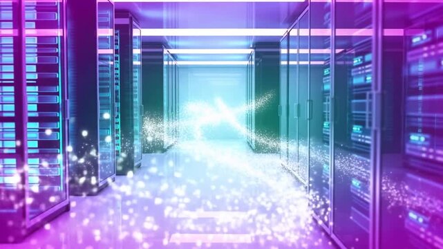 Server racks in glowing data center corridor with reflective floor and colored lights