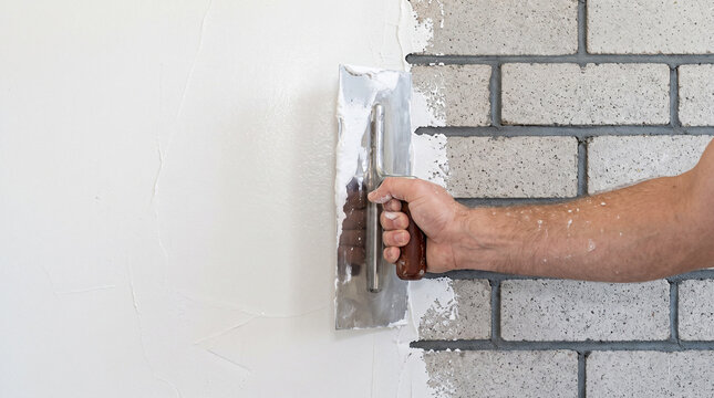 Worker hand plastering white render onto brick wall with steel trowel during building construction work