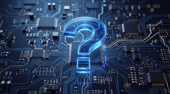Glowing blue question mark hovering over a detailed electronic circuit board, representing technology, uncertainty, and complex problem solving, digital future