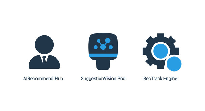 Professional artificial intelligence business icons including recommend hub suggestion vision and engine gear with intelligence business artificial management recommendation suggestion strategy