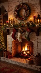 Obraz premium Cozy Christmas fireplace scene, warm rustic festive style, mobile wallpaper