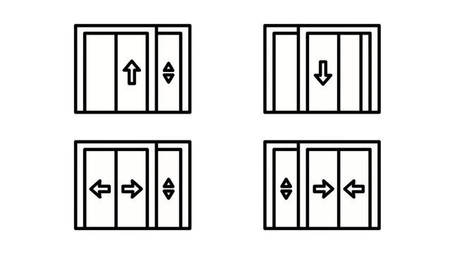 Minimalist black line icons set of elevator doors with directional arrows for up down open and close movements on white background, illustrating navigation interface, symbolizing accessibility