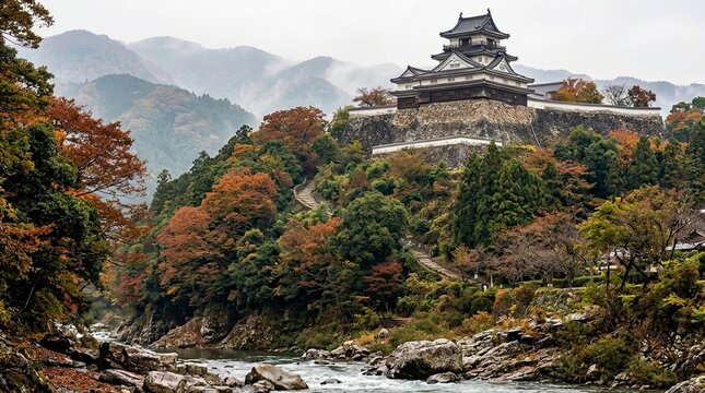 Japanese castle in autumn landscape with river