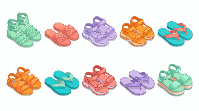 Colorful collection of summer footwear including sandals and flip-flops on white background, Represents seasonal fashion trends and provides versatile options for retail catalog design