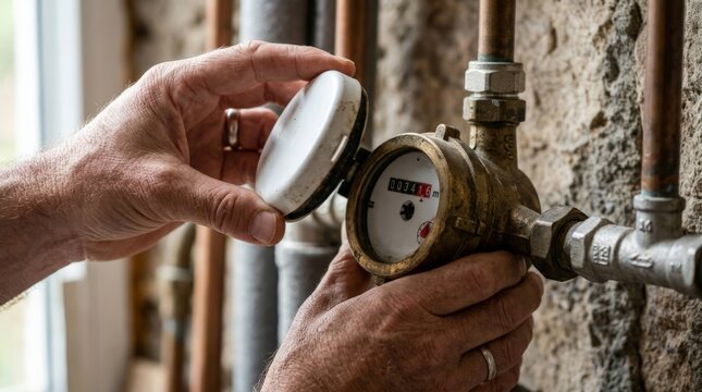 A close up shot of a man's hands opening the lid of a brass water meter attached to copper pipes in a basement, highlighting utility maintenance and plumbing work in a residential building