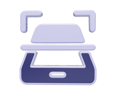 A3d of a document scanner, rendered in purple and light violet, isolated on a black background scanning