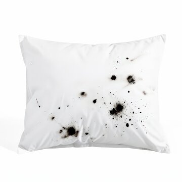 White bed pillow with dark soot stains on clean surface isolated against white background