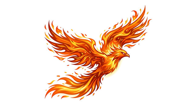 Phoenix bird rises with majestic wings made of swirling flames and bright glowing embers in this mythical representation of eternal life.