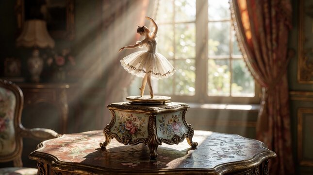 A vintage ballerina music box sits on an ornate table bathed in sunlight streaming through a window. The antique object rests on a decorative pedestal in an elegant room.