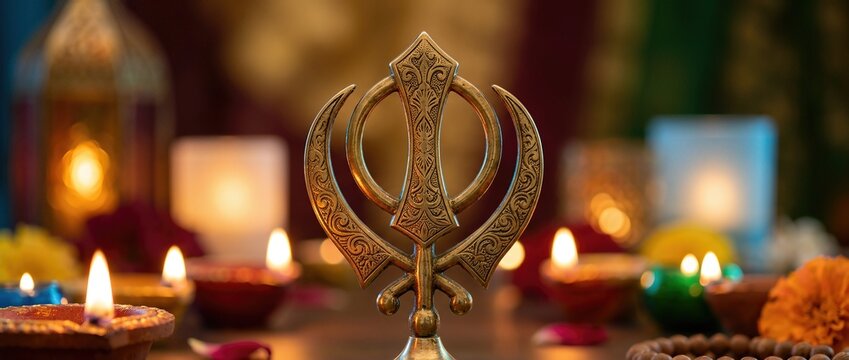 Brass khanda symbol glowing with candles for celebration