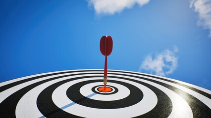Strategic leadership and vision, low angle perspective of red dart arrow on center bullseye under blue sky background. 3d rendering. © SohubProduction
