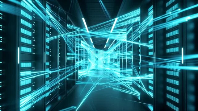Server racks and glowing network lines fill a dark data center corridor