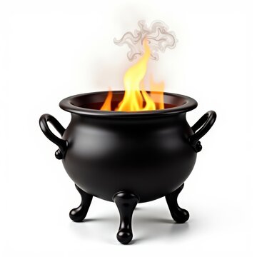 Wiccan cast iron cauldron with fire and smoke on white background, ritual magic vessel, witchcraft altar tool, mystical pagan symbol