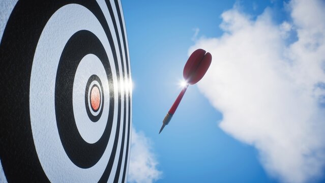 Corporate goal concept, side view of red dart arrow on target board with sunlight. 3d rendering.