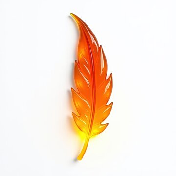Glowing orange glass phoenix feather symbol on white background, burning tip, elegant artistic flameinspired design