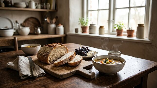 Rustic table with homemade bread and soup in kitchen