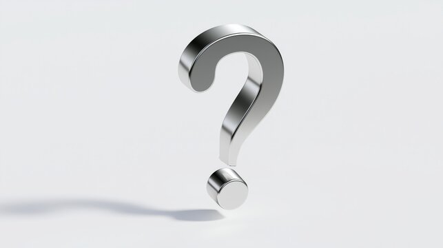 Silver Question Mark Floating Above a White Surface with Soft Shadow