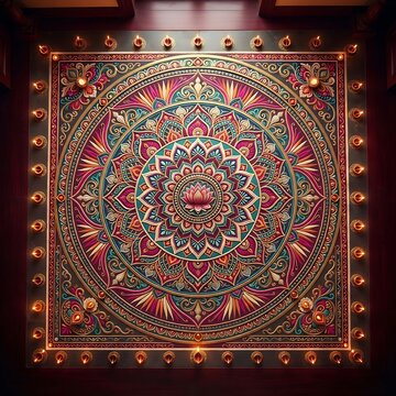 Intricate square rangoli featuring a central lotus mandala surrounded by a border of small lit clay oil lamps on a dark wooden floor
