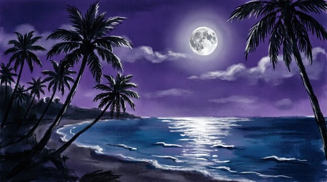Full moon rising over tropical beach with palms