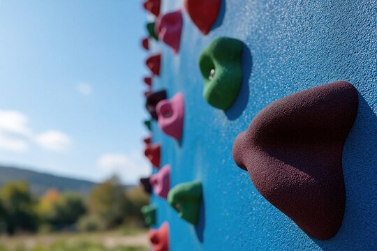 Close up of colorful holds on outdoor climbing wall. Bright plastic grips in red, green, pink, brown colors for rock climbing training. Athlete uses bouldering equipment for strength exercise, sport