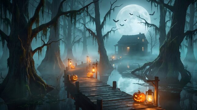 Eerie Halloween swamp at night with glowing pumpkins and bats over a foggy bayou boardwalk