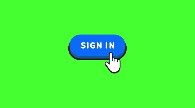 Blue Sign In Button Animation with Clicking Cursor Hand Icon Green Screen Chroma Key Motion Graphic